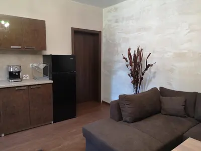 a living room with a couch and a kitchen at Вила Мая 2 in Krayni Dol