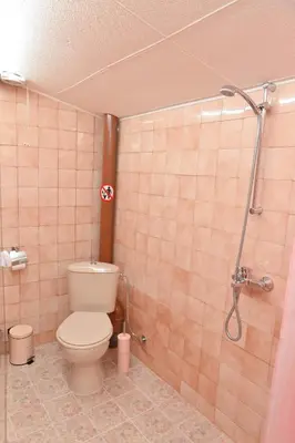 a bathroom with a toilet and a shower at Discovery Apartment Bansko in Bansko