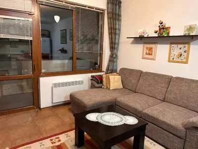 a living room with a couch and a coffee table at Апартамент Планинско Гнездо - Mountain Nest in Stoykite