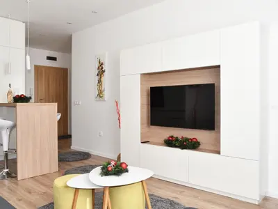 a living room with a tv on a wall at Borovets Gardens Luxury apartment E11 in Borovets