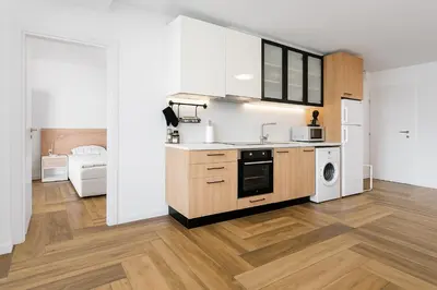 a kitchen with a sink and a washer and dryer at South Panoramic Apartment in the art district of Kapana in Plovdiv
