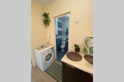 a bathroom with a sink and a washing machine at Sunny apartment by the river in Sandanski