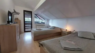 a bedroom with two beds and a television in it at Pearl XL in Pamporovo