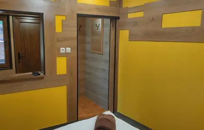 a bathroom with a yellow door and wooden walls at Къща за гости Вишнева градина in Brestnik