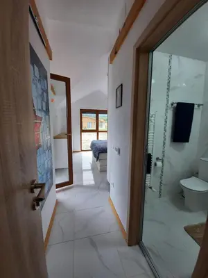 a bathroom with a toilet and a glass door at Mountain Villa near Bansko in Razlog