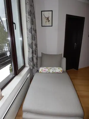 a couch in a room with a window at Deer's Home at Elit Pamporovo in Pamporovo