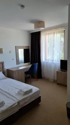 a hotel room with a bed and a desk and a window at Hotel Geppy in Sofia