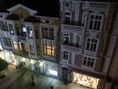 an overhead view of a building at night at Hostel Center Plovdiv in Plovdiv