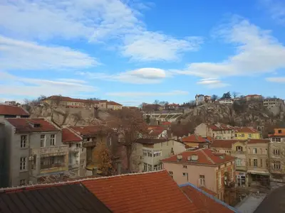 a view of a city with a castle on a hill at Hostel Center Plovdiv in Plovdiv