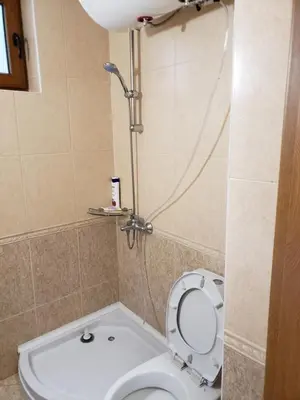 a small bathroom with a toilet and a shower at Ski-in ski-out Studio 2A7 Grand Monastery in Pamporovo