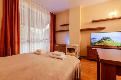 a bedroom with a bed and a tv and a fireplace at Studio by Mountain Lakes in Ezerovo