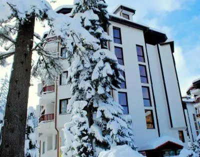 a snow covered tree in front of a building at Apart Hotel Flora Residence - Clover Building Flat 09 in Borovets