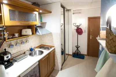 a small kitchen with a sink and a shower at TOP CENTER Designer studio 1 minute to NDK&Vitosha by Flat Mаnager in Sofia