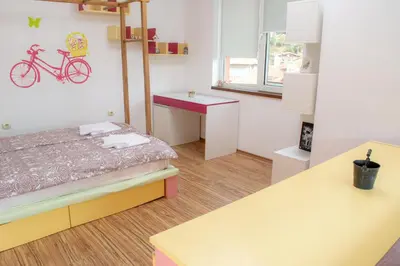 a room with a bed and a bike on the wall at Central Apartment Mountain View in Karlovo