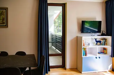 a room with a table and a television and a window at Forest Dream Apartment - Elit Pamporovo in Pamporovo