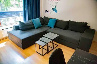 a living room with a couch with blue pillows at Forest Dream Apartment - Elit Pamporovo in Pamporovo