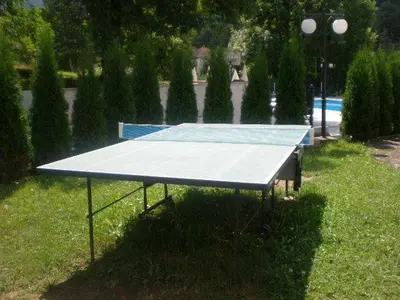 a ping pong table in the grass in a park at Hotel Perfect in Yamna