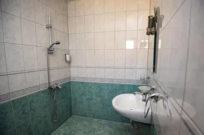 a bathroom with a sink and a shower and a sink at Семеен Хотел Надежда in Razlog