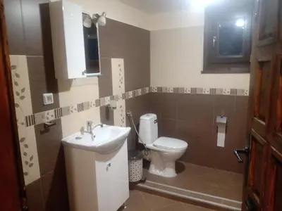 a bathroom with a white toilet and a sink at КръчмЪ При Байката in Ribarica