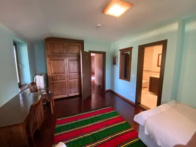 a room with a bedroom with a bed and a rug at Ski & Spa Chalet Bansko in Bansko