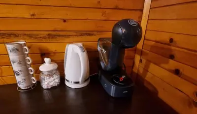 a black blender sitting on a counter next to a coffee maker at The Green King in Borovets