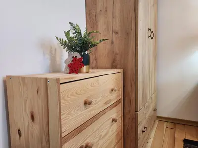a wooden dresser with a plant on top of it at Villa 