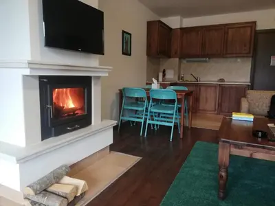 a living room with a fireplace and a table with chairs at BANSKO WINSLOW INFINITY - Studio in Bansko