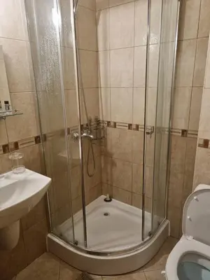 a bathroom with a shower with a sink and a toilet at Bansko ski apartment Mountain View Resort in Bansko