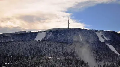 a cross on top of a hill with trees at Тайната квартира - The Secret apartment in Pamporovo