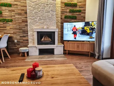 a living room with a fireplace and a tv at NordenPamporovo in Pamporovo
