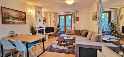 a living room with a couch and a christmas tree at NordenPamporovo in Pamporovo
