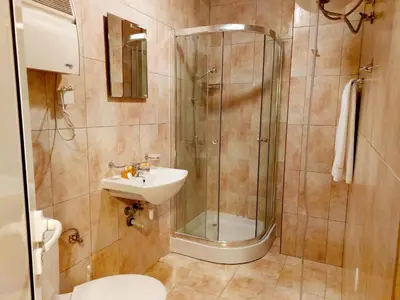 a bathroom with a shower and a sink at Pamporovo Apartment The Castle in Pamporovo