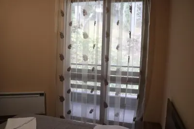 a bedroom with a window with curtains and a bed at Winter Аpartments Gerovi in Pamporovo