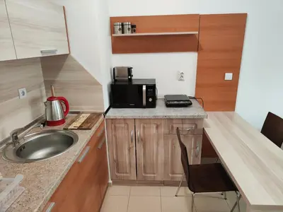 a small kitchen with a sink and a microwave at Bansko Belvedere Apartament in Bansko