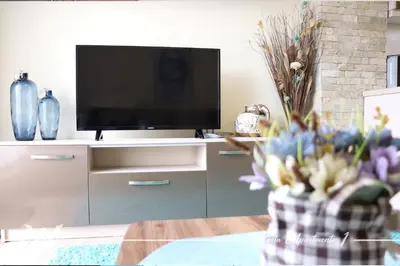 a living room with a tv and a vase of flowers at Victoria apartments 1 in Velingrad