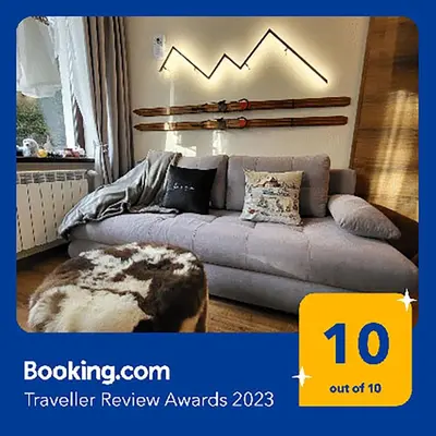 a living room with a gray couch in a room at Pinewood ANG luxurious apartment A43, Borovets Gardens in Borovets