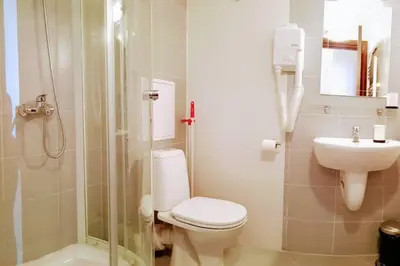 a bathroom with a shower and a toilet and a sink at Bansko Belvedere Apartments in Bansko