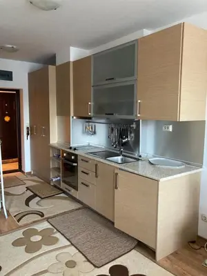 a kitchen with stainless steel appliances and wooden cabinets at Studio Detelina Residence in Bansko