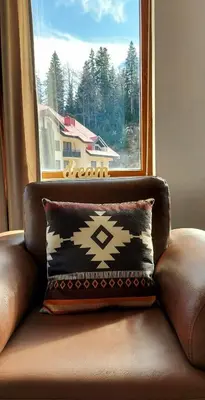 a couch with a pillow in front of a window at BOGI SPA Apartment Pamporovo in Pamporovo