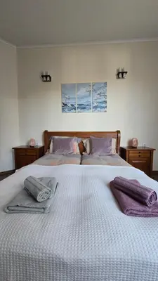 a bedroom with a large bed with two pillows on it at Bansko Boutique Apartments - Flora Boutique in Bansko