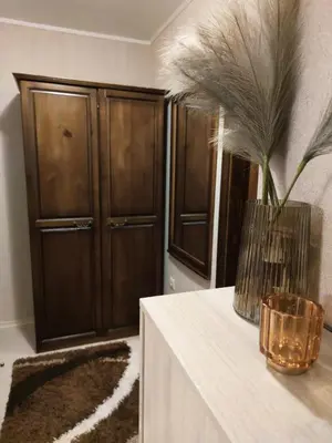 a room with wooden cabinets and a vase with feathers at Bansko Dream Apartment City Center in Bansko