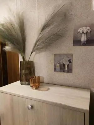 a vase with feathers in it on top of a counter at Bansko Dream Apartment City Center in Bansko