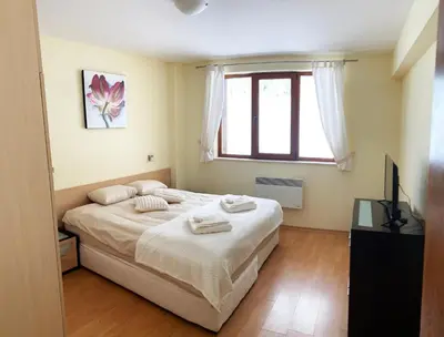 a bedroom with a large bed and a window at Ski Area 202 apt, The Castle 1, Pamporovo in Pamporovo