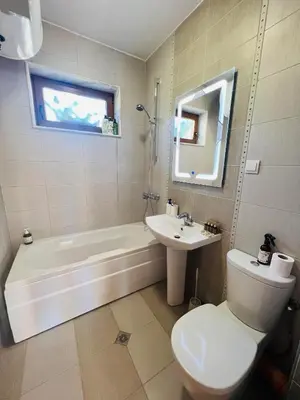 a bathroom with a toilet and a tub and a sink at Ani's Guest House in Chepelare