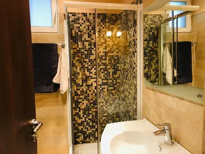 a bathroom with a shower with a sink and a glass shower door at Private Studio Center Opera and Nevski Cathedral in Sofia