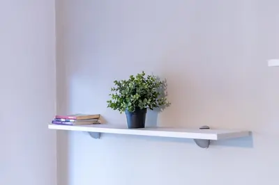 a white shelf with a potted plant on it at Bright 1BDR Apartment with a Balcony in Sofia