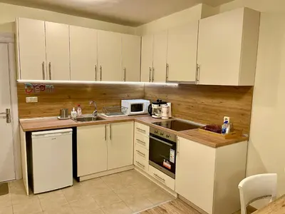 a kitchen with white cabinets and a sink and a microwave at Pirin Dream View Apartments in Razlog