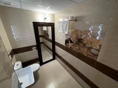 a bathroom with a toilet and a sink and a mirror at Hotel Central in Karlovo