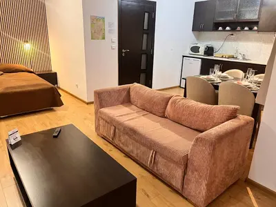 a living room with a couch and a kitchen at St. Anastasia Apartments in Bansko