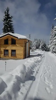 a log cabin in the snow with a trail at Villa Mischa in Grashtitsa
